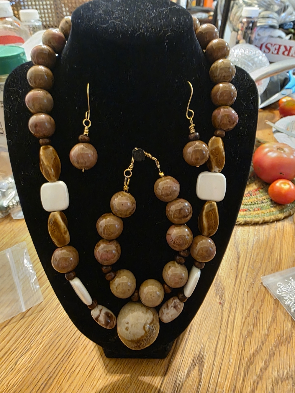 Handcrafted Brown and White Beaded Necklace, Bracelet, & Earring Set